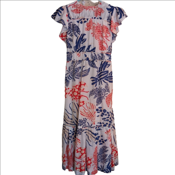 Farm Rio Mixed Lobsters Coral & Blue On Off-white Cap Flutter Sleeve Midi Dress - Picture 14 of 14